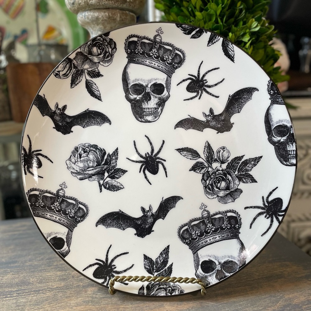 Black & white dinner plate skull bat spiders floral